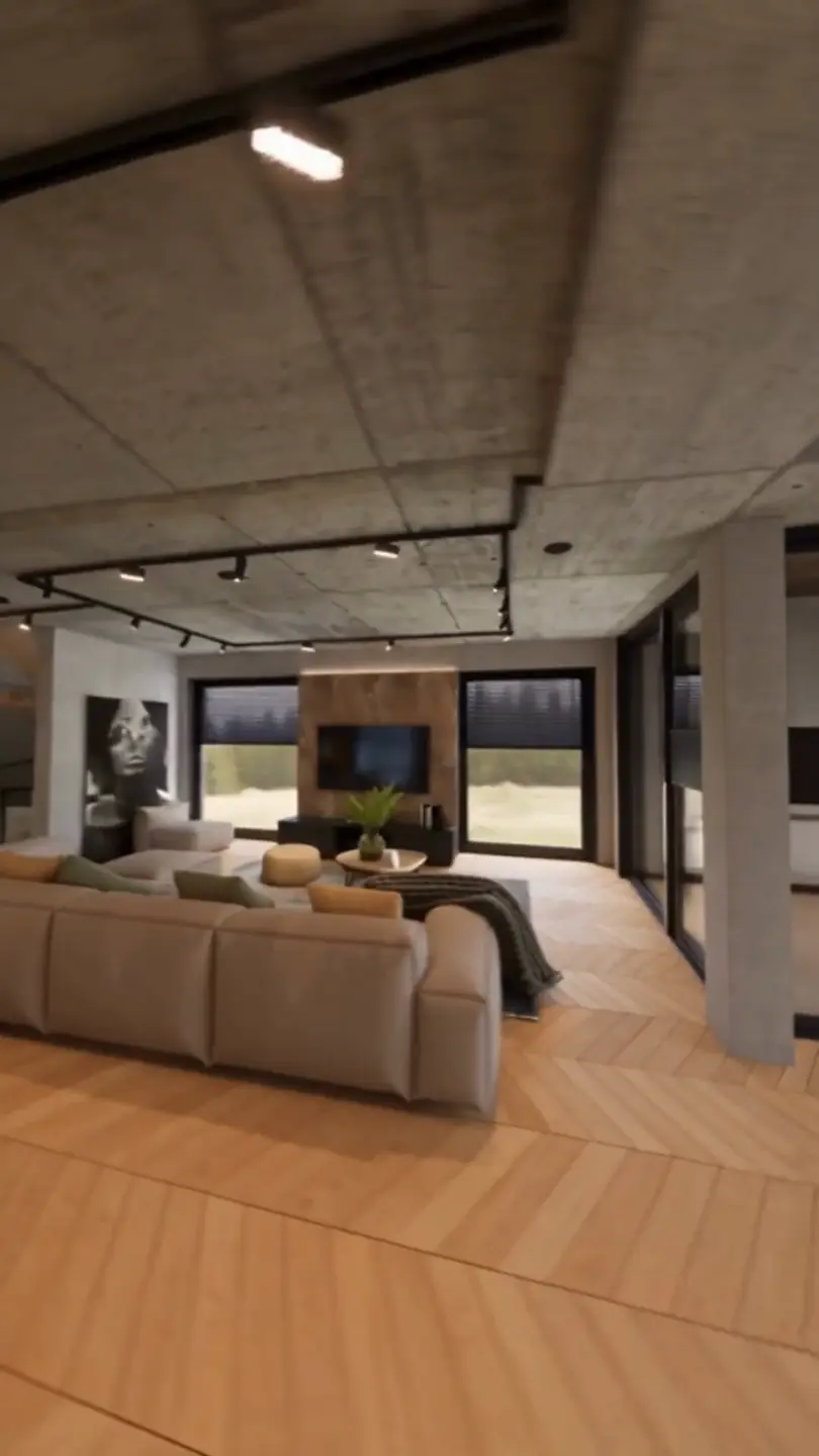 Brüt beton tavanlı, döşenmiş salon